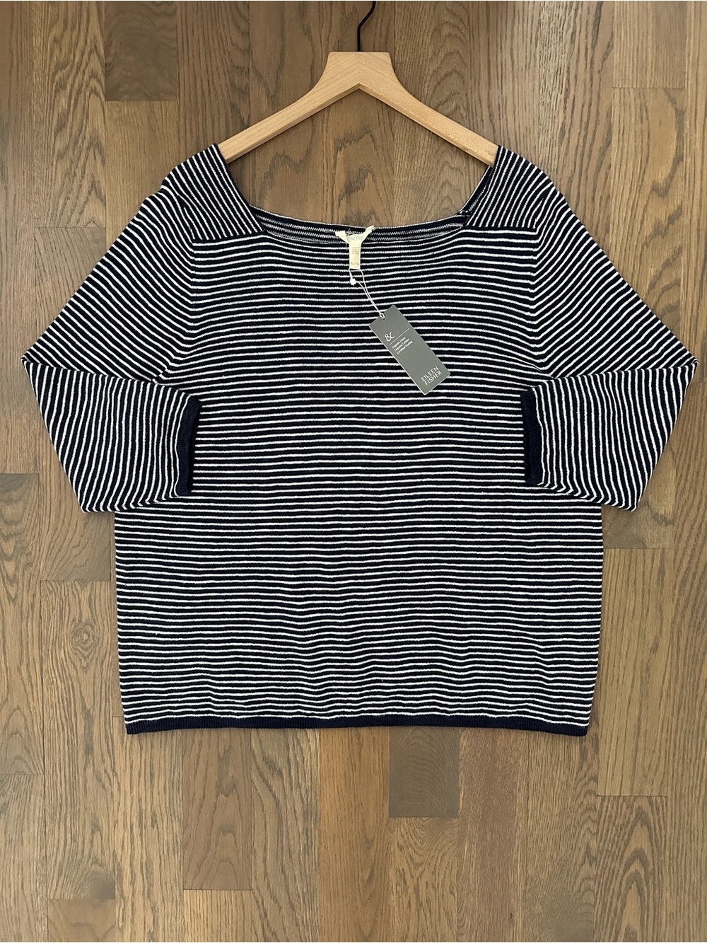 NWT Eileen Fisher Organic Linen Square Neck 3/4 Sleeve Striped Top Midnight XL